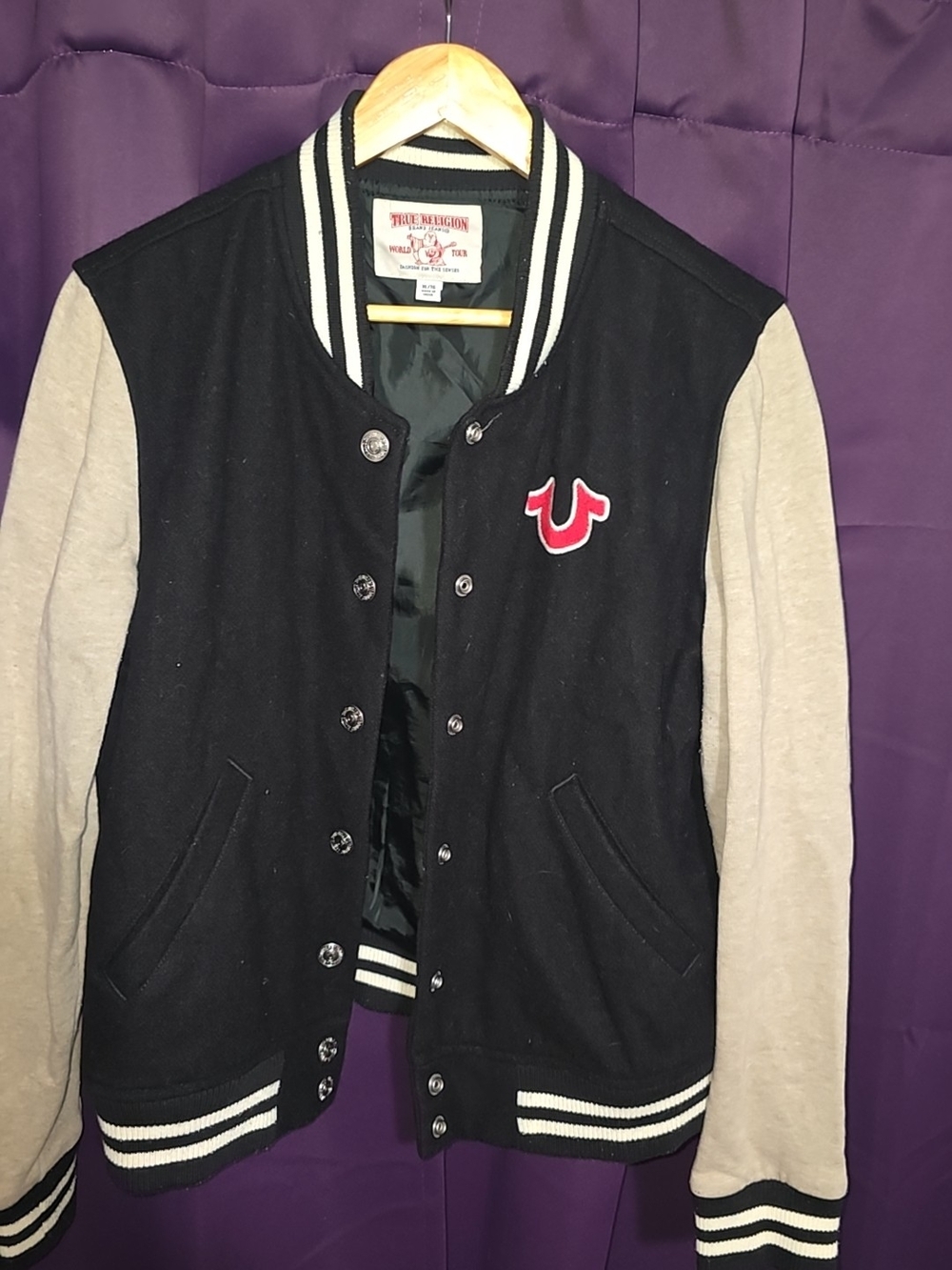 True Religion Black and Beige Varsity Jacket with Red Logo